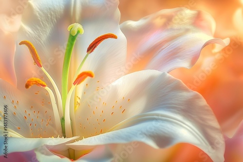 Close-up of a lily bloom illuminated by sunlight, focusing on the graceful curves, vibrant colors, and intricate details of the petals