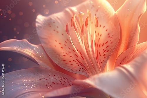 Close-up of a lily bloom illuminated by sunlight, focusing on the graceful curves, vibrant colors, and intricate details of the petals