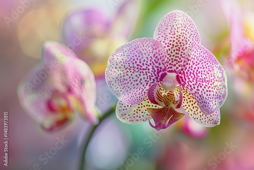 Close-up of an orchid in bloom, highlighting its intricate patterns, delicate structures, and vibrant colors, with a softly blurred background