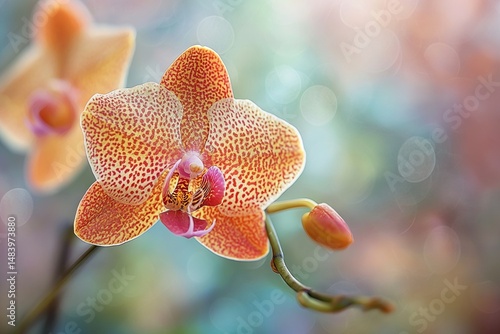 Close-up of an orchid in bloom, highlighting its intricate patterns, delicate structures, and vibrant colors, with a softly blurred background
