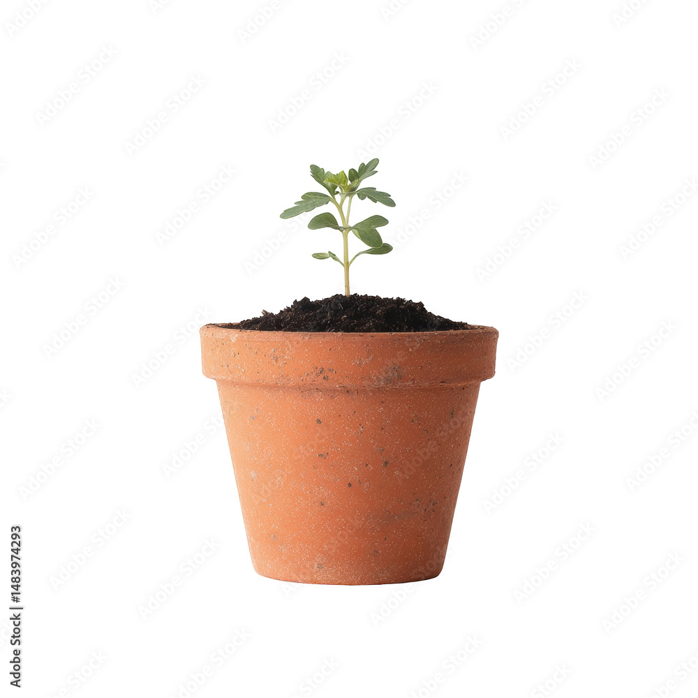 Fototapeta premium Small plant in terracotta pot against black background showing new growth