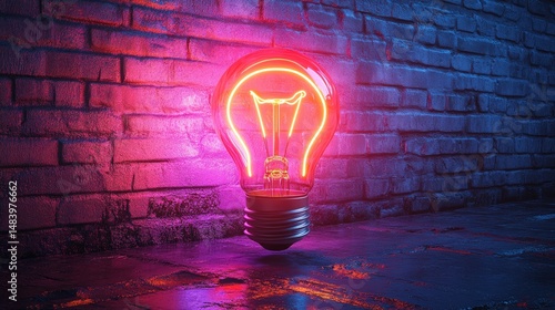Illuminated light bulb against brick wall (1)