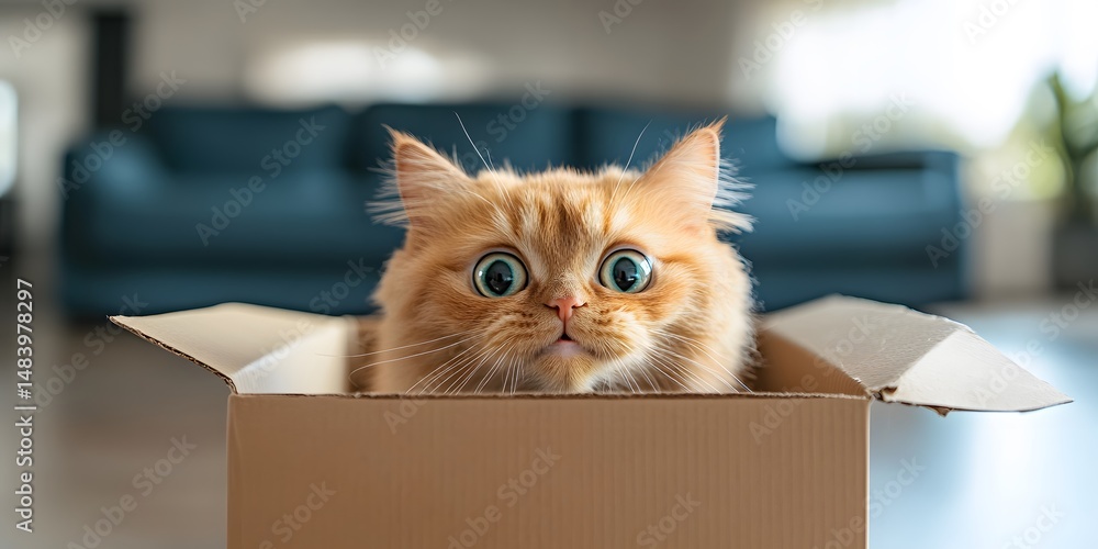 Fototapeta premium Surprised Ginger Cat in Cardboard Box Home Interior