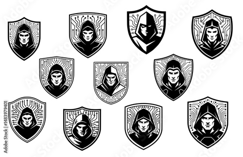 Collection of cybersecurity logo variations featuring hooded figures in shield emblems with circuit patterns for tech protection branding
