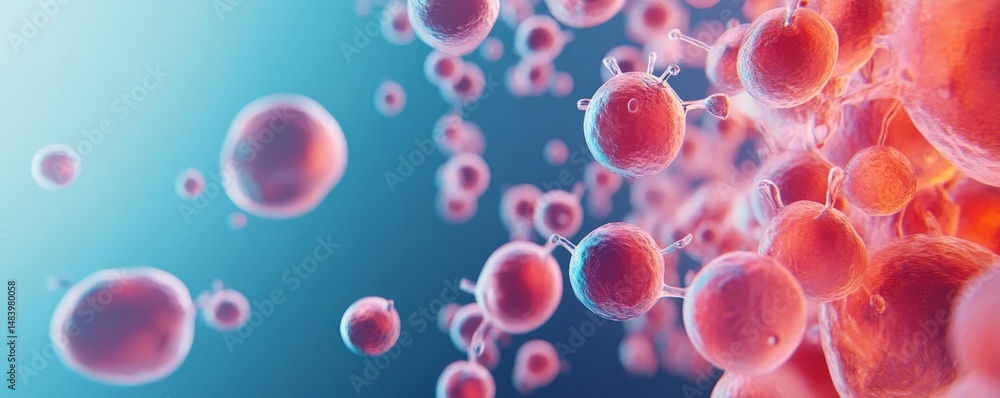 Abstract rendering of cells with red and pink hues against a blue gradient background scene Abstract rendering of cells with red and pink hues against a blue gradient background scene