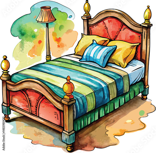 Watercolor Bedroom with a Cozy Bed and Colorful Accents