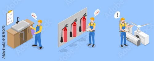 3D Isometric Flat Vector Illustration of Safety Regulations and Health Inspection, Utilities Inspection