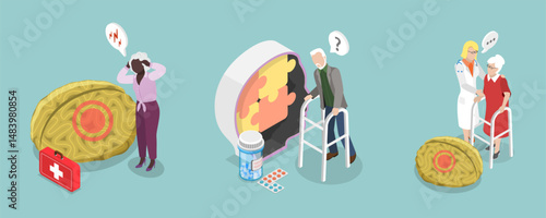 3D Isometric Flat Vector Illustration of Age Related Changes, Elderly Brain Activity Problems