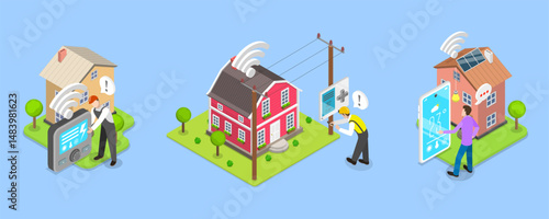 3D Isometric Flat Vector Illustration of Residential Home Energy Efficiency, Smart House