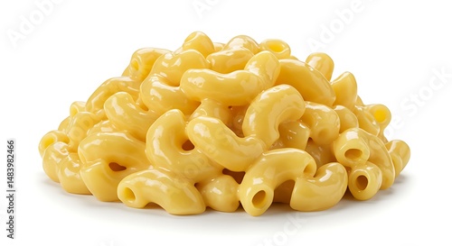 A close up view of creamy macaroni pasta coated in rich cheese sauce, centered on a clean white background, mouth watering detail, 8k
