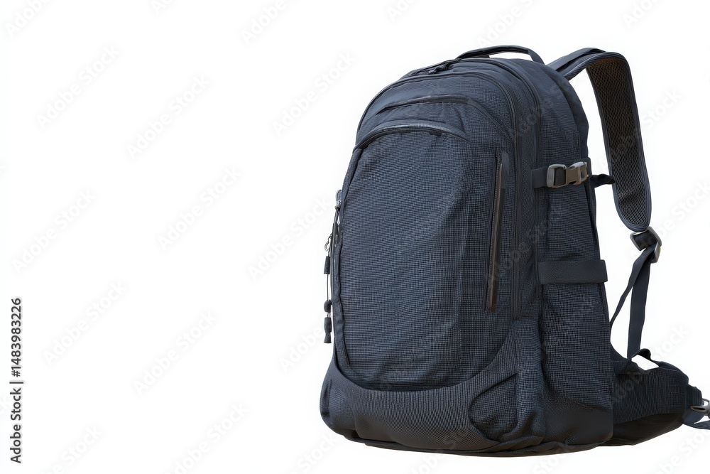 Dark-colored backpack isolated on white background. Ideal for travel or everyday use. Dark-colored backpack isolated on white background. Ideal for travel or everyday use.