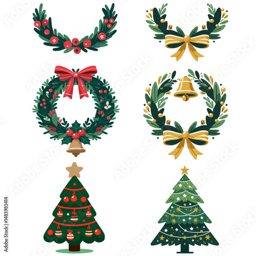 クリスマスツリー　リース　ハーフリース　ベクターイラスト 6セット