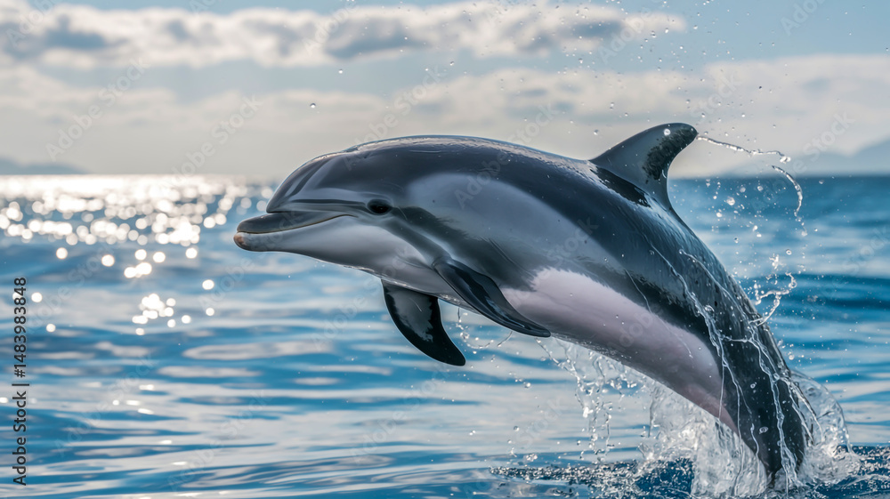 Fototapeta premium A dynamic photograph of a bottlenose dolphin leaping from blue ocean waters