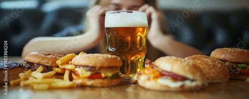 Woman looking at a table full of burgers fries and a beer in a glass with a frustrated expression