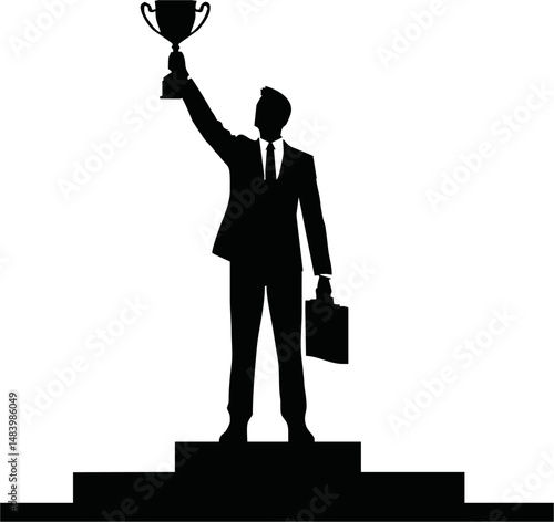 Vector silhouette of a successful businessman holding a trophy high, victory pose, corporate achievement theme, minimal black and white vector, for business success concept
