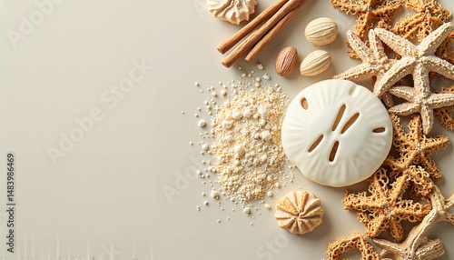 Beach-themed still life with shells and spices on beige background