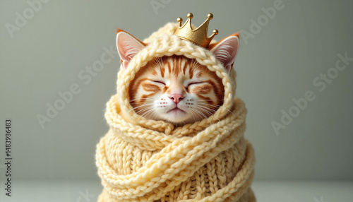 Smiling cat in knit scarf wearing golden crown