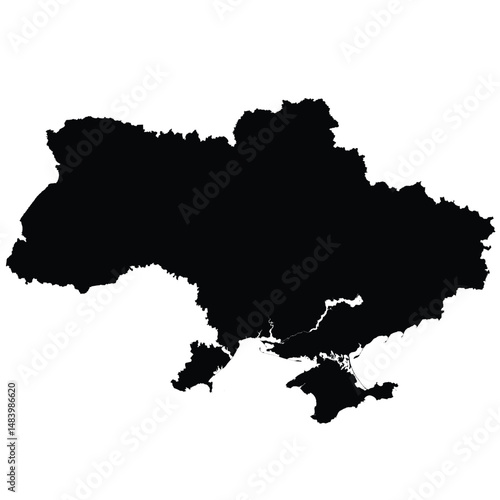 Editable black vector silhouette map of Ukraine, featuring a simplified, border-only outline that includes the Crimean Peninsula.