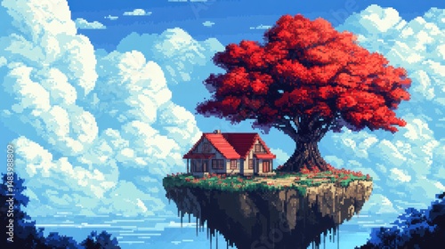 Pixelated dreamscape: A solitary house nestled under a vibrant maple tree floating in the sky