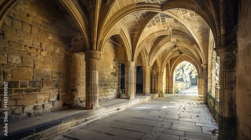 Ancient Stone Hallway Interior With Arched Ceiling And Pillars Under Sunlight
