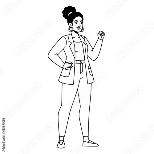 Proud Latina woman standing and smiling Simple Vector Outline in minimalistic black and white design