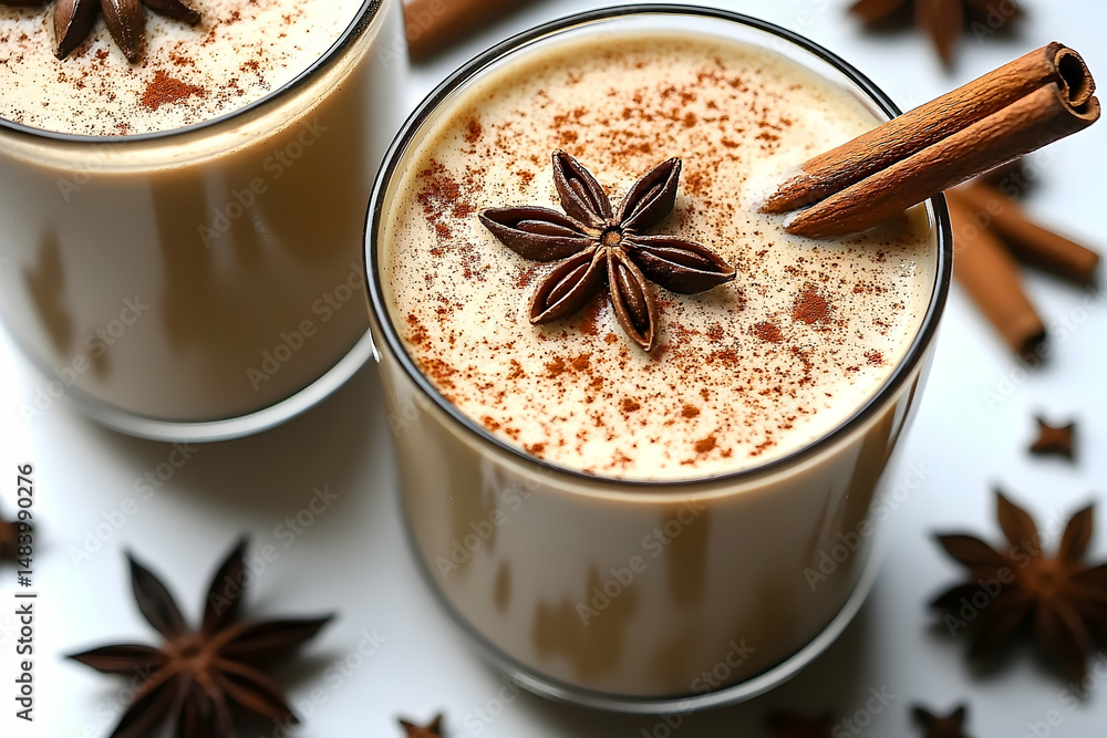 Close up of spiced beverage in glasses with cinnamon and star anise Close up of spiced beverage in glasses with cinnamon and star anise