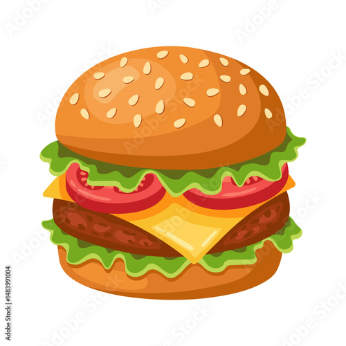 Tasty cartoon-style cheeseburger with lettuce, tomato slices, cheese, beef patty, and sesame seed bun. Bright, appetizing fast food illustration. Vector burger. Isolated on a white background.