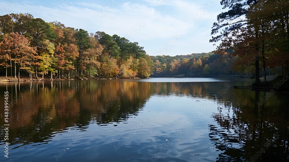 Autumnal Lake Scene with Trees and Reflections Under Blue Sky Landscape Autumnal Lake Scene with Trees and Reflections Under Blue Sky Landscape