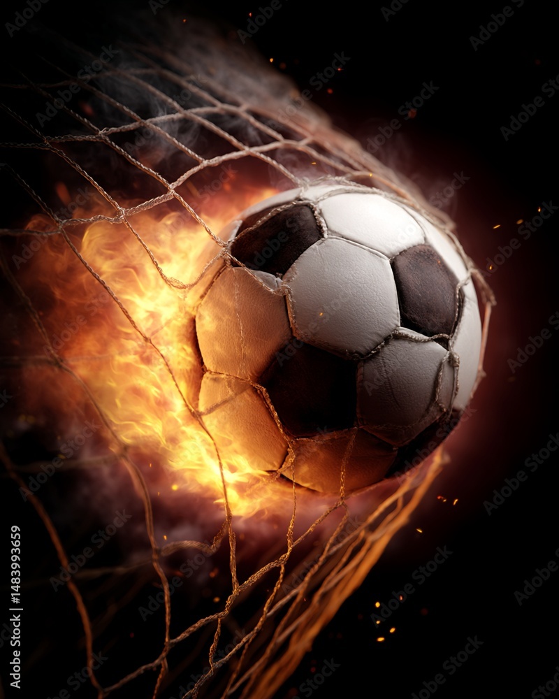 Naklejka premium Fiery Soccer Ball Entering Goal Net