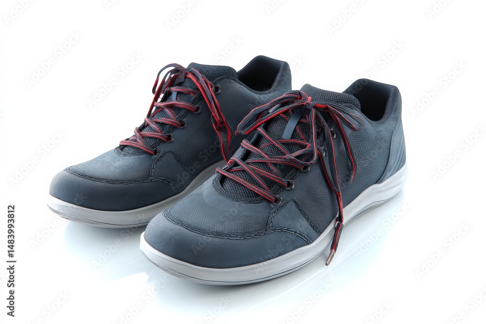 Pair of stylish men's casual sneakers with red laces, shot on a white background. Pair of stylish men's casual sneakers with red laces, shot on a white background.