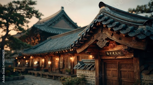 Traditional Architecture with Intricate Roof Design and Warm Lighting photo