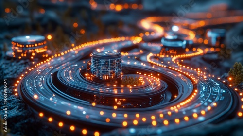 A digitally rendered futuristic cityscape with glowing orange lights outlining winding roads and cylindrical buildings, set against a blurred, dark background.