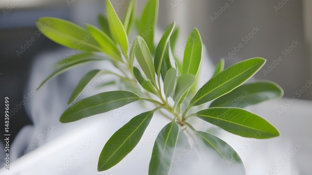 Fototapeta premium Vibrant Green Leaves in Misty Setting Botanical Close Up