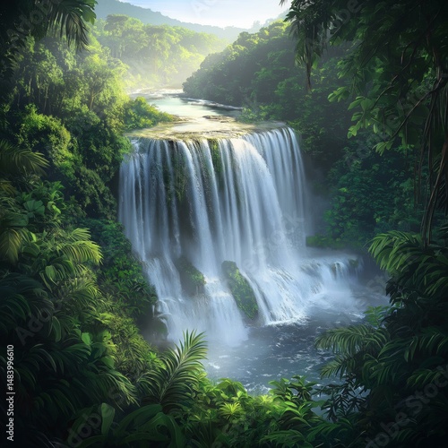 A majestic waterfall cascades through a vibrant green rainforest, creating a serene and picturesque scene of natural beauty and tranquil harmony in nature's embrace.