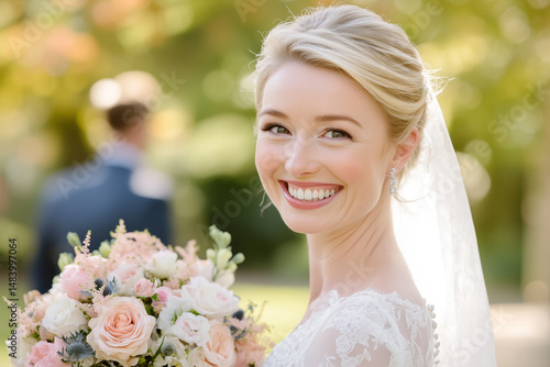 Joyful Bride Smiling with Bouquet in Outdoor Setting During Wedding Ceremony Celebration