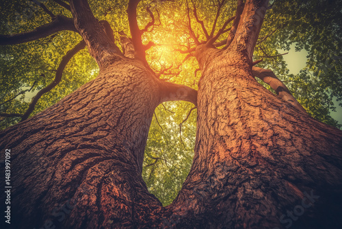 Majestic Green Canopy with Sunlight Filtering Through Tree Tops in a Serene Forest Setting
