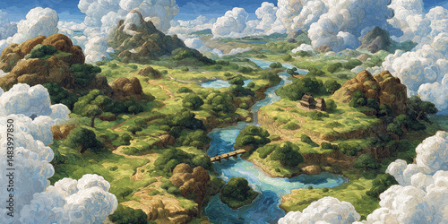 異世界の海沿いに築かれた幻想都市と空に浮かぶ雲が織りなす美しい冒険風景・ファンタジー世界・中世風建築・海辺の町・探検・旅立ち・透明な海・光と雲の神秘背景素材