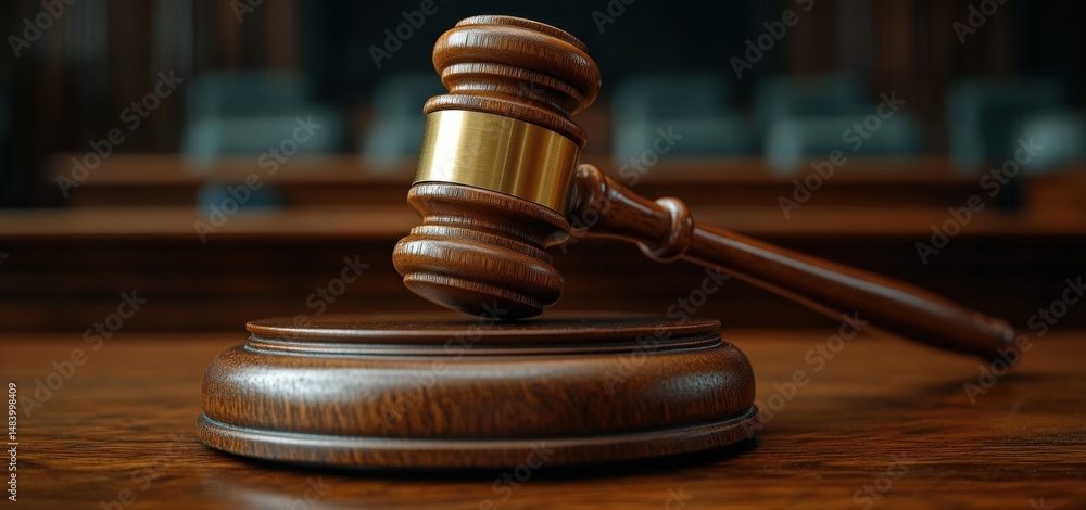 Gavel on Sound Block in Courtroom: Symbol of Justice and Law Gavel on Sound Block in Courtroom: Symbol of Justice and Law
