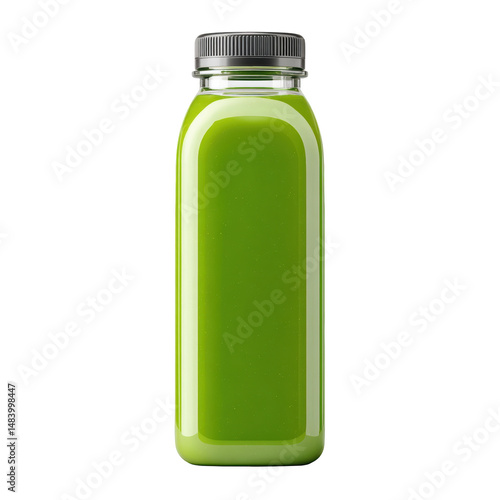 Green juice in a plastic bottle on black background, a healthy refreshment