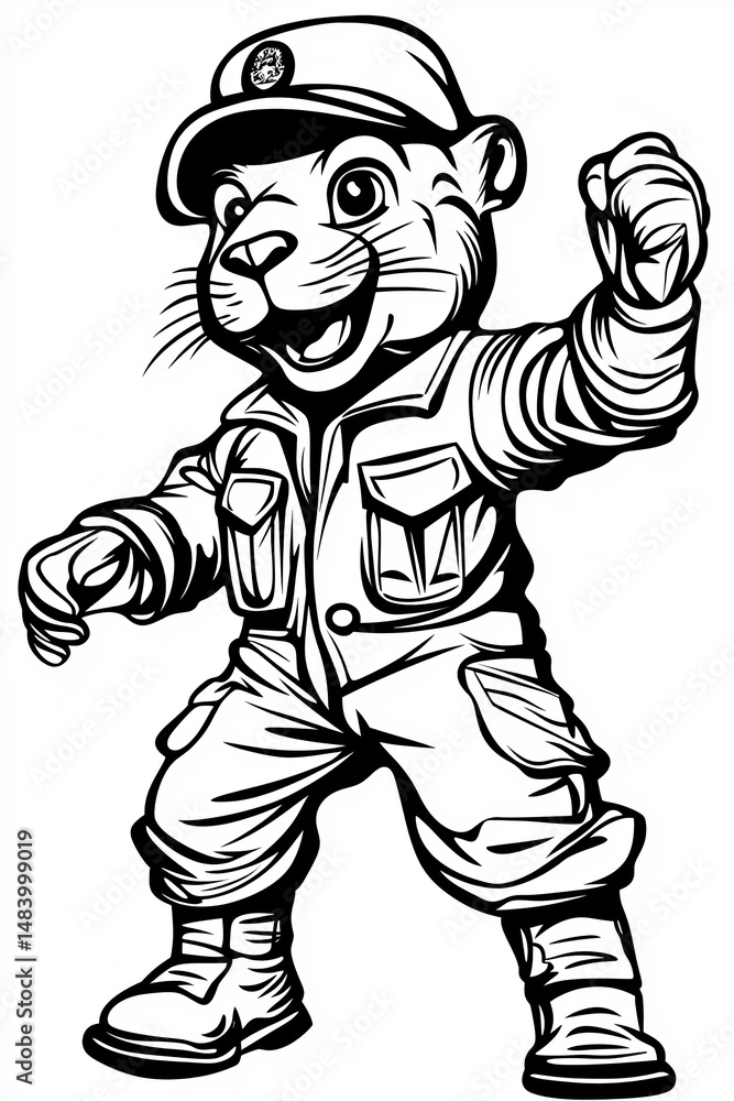 A cheerful cartoon otter in military attire, exuding confidence and bravery with a playful expression. A cheerful cartoon otter in military attire, exuding confidence and bravery with a playful expression.