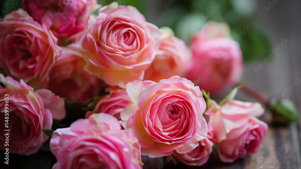 Close Up Pink Roses Bouquet Arrangement on Rustic Wooden Surface Close Up Pink Roses Bouquet Arrangement on Rustic Wooden Surface