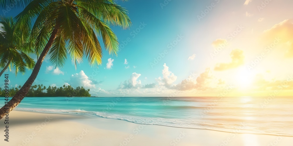 Fototapeta premium Stunning Tropical Beach Sunrise Palm Trees Ocean Scene