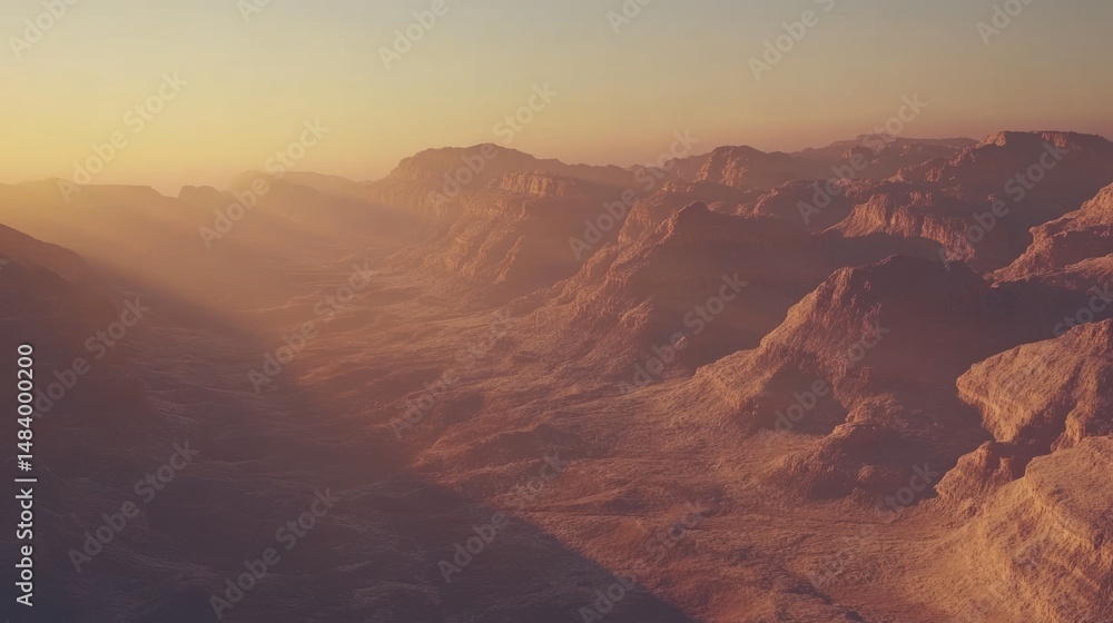 Naklejka premium Majestic Sunset Over the Canyon's Expansive Vista: A Breathtaking Panorama of Rugged Mountains