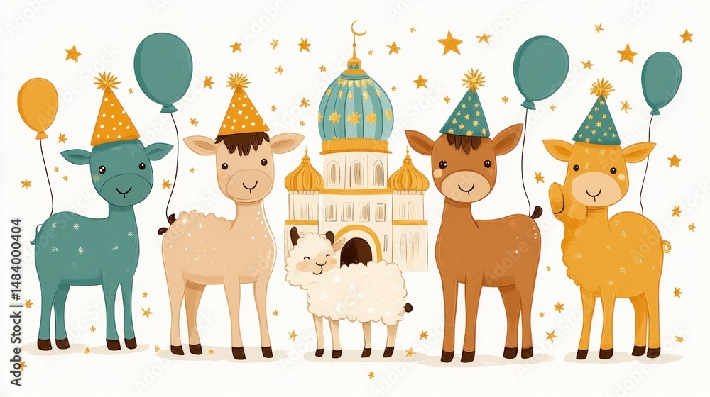 Naklejka premium Eid al-Adha Celebration: Cute Animals and Festive Mosque