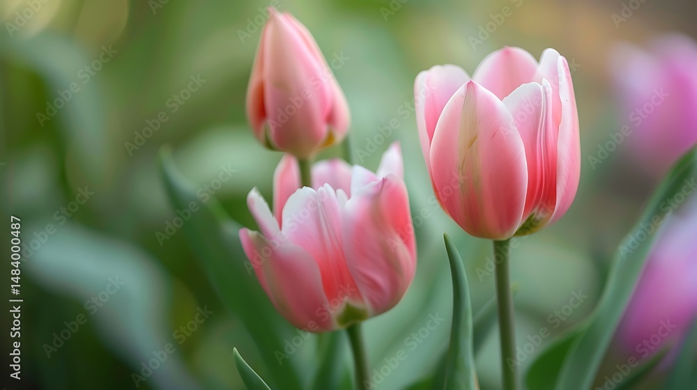 Close-Up View of Pink Tulips Blooming in a Green Garden Close-Up View of Pink Tulips Blooming in a Green Garden