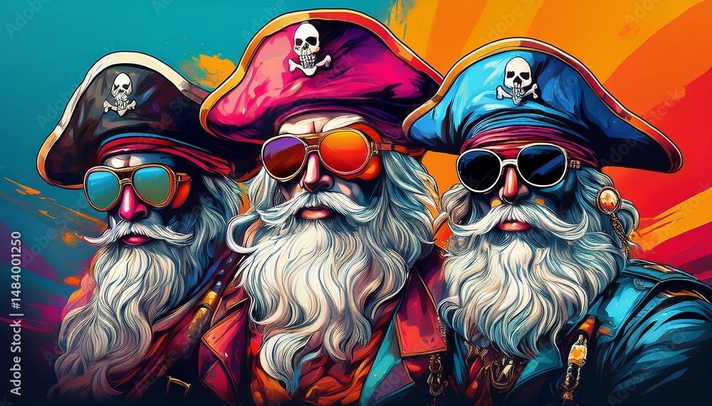 Fototapeta premium vibrant pop art style portraits of three stylized pirates with sunglasses