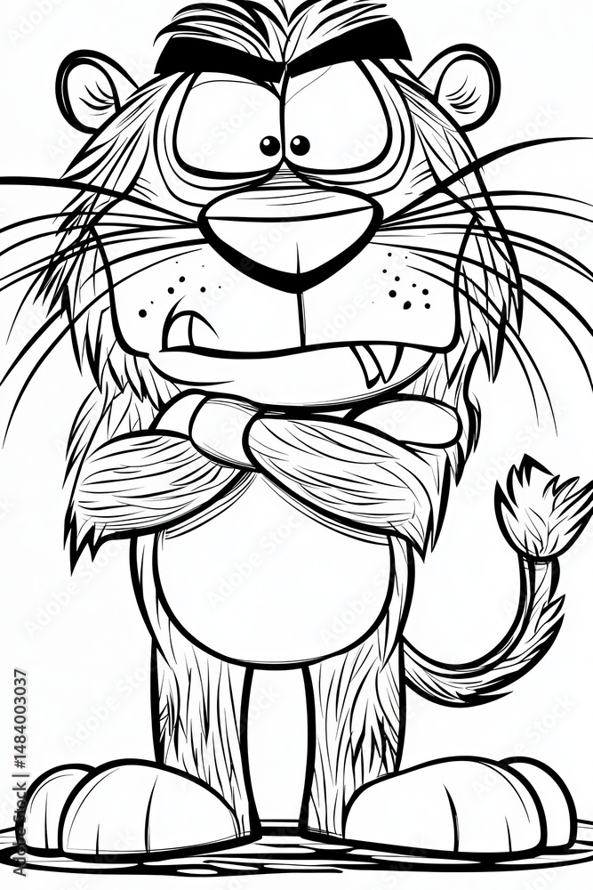 Obraz premium A grumpy cartoon lion with crossed arms, showcasing a fierce yet humorous expression.