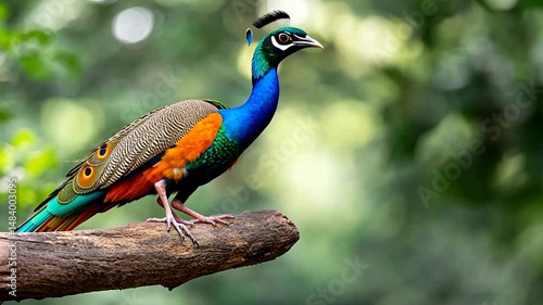 Majestic peacock perched on branch in natural habitat showcasing vibrant plumage colors and elegant posture