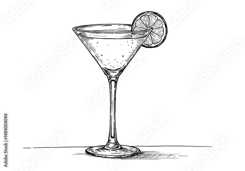 Daiquiri Cocktail Sketch in Glass with Lime, Monochrome Sketch Style, Black and White Tones, Classic Drink Concept for Food, Drinks, Recipes, Bar Menus