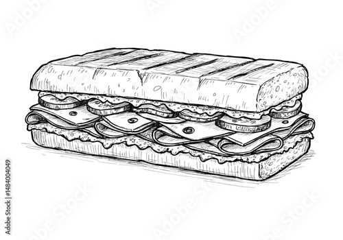 Cuban Sandwich Illustration with Layers of Meat and Pickles, Monochrome Sketch Style, Black and White Tones, Cuban Food Concept for Food Blogs, Recipes, Restaurant Menus